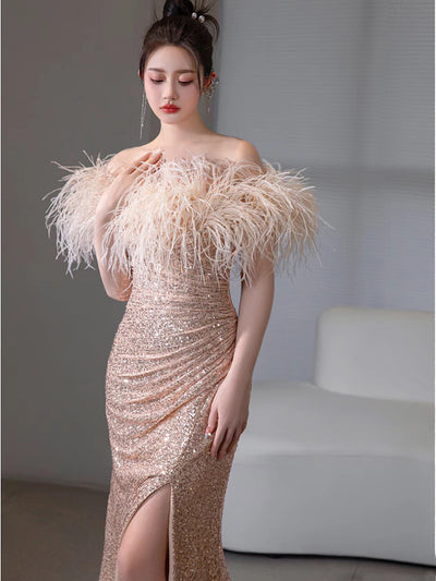 Champagne Mermaid Sequins Feather Prom Dress