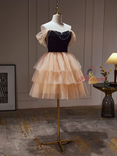 Champagne Tulle Beading Homecoming Dress