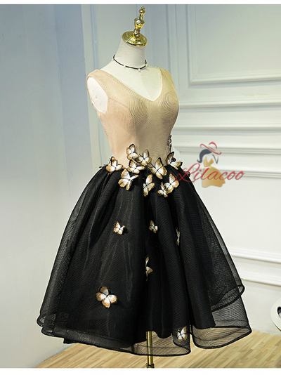Black V-neck Butterfly Homecoming Dress