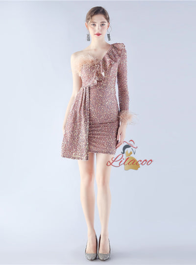 One Shoulder Long Sleeve Sequins Prom Dress