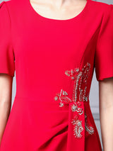 Red Short Sleeve Beading Mother of the Bride Dress