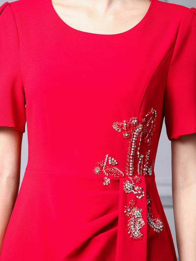 Red Short Sleeve Beading Mother of the Bride Dress