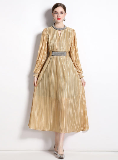 Round Neck Lantern Sleeve Beaded Pleated Dress