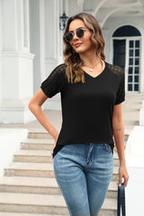 V-neck Lace Stitching Short Sleeve T-shirt