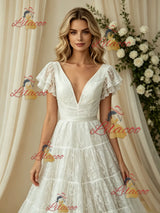 White Lace V-neck Wedding Dress