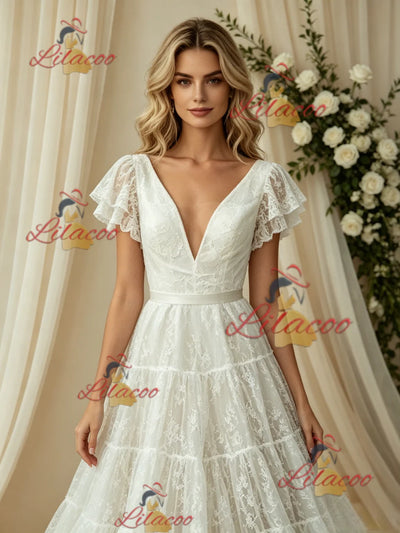 White Lace V-neck Wedding Dress