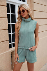 High Neck Sleeveless Vest Drawstring Pocket Shorts Suit