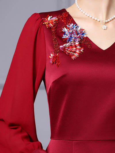 Burgundy V-neck Crystal Mother Of The Bride Dress
