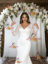 White Mermaid V-neck Long Sleeve Wedding Dress