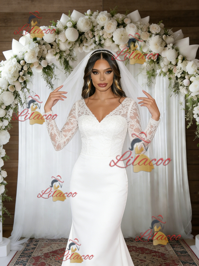 White Mermaid V-neck Long Sleeve Wedding Dress