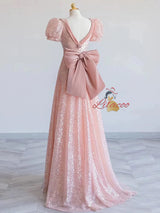 Pink Sequins Velvet Puff Sleeve Prom Dress