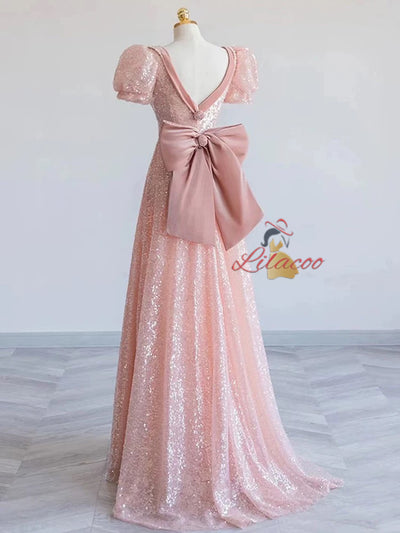 Pink Sequins Velvet Puff Sleeve Prom Dress