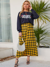 Printed Long-sleeved Top Plaid Skirt Suit