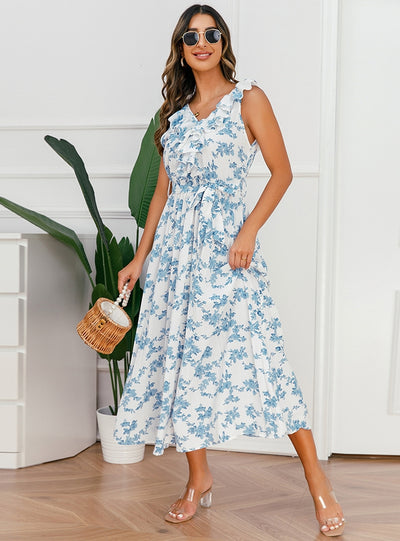 Sexy V-neck Floral Pleated Dress