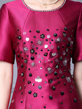 Fuchsia Satin Sequins Short Sleeve Mother Of The Bride Dress