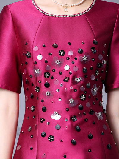 Fuchsia Satin Sequins Short Sleeve Mother Of The Bride Dress