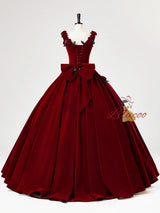 Burgundy Velvet Straps 3D Flower Bow Prom Dress