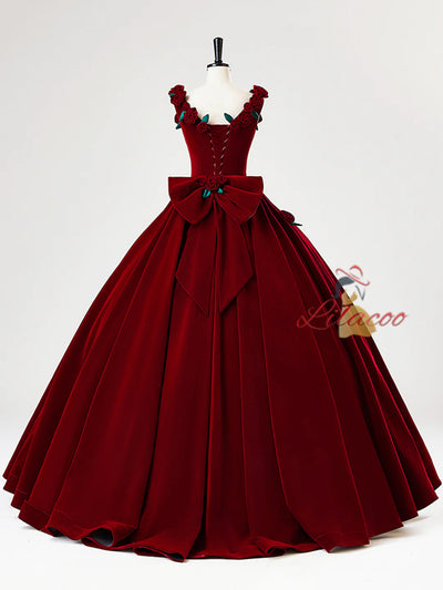 Burgundy Velvet Straps 3D Flower Bow Prom Dress