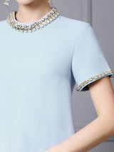 Blue Short Sleeve Crystal Mother Of The Bride Dress