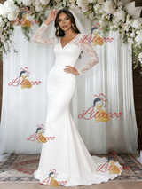 White Mermaid V-neck Long Sleeve Wedding Dress