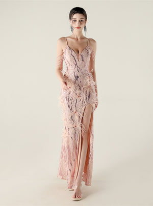 Mermaid Sequins Spaghetti Straps Feather Prom Dress