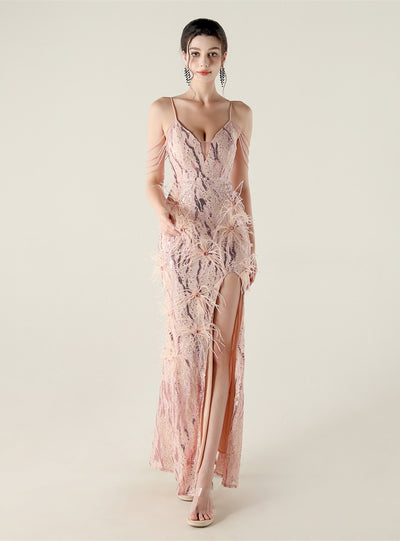 Mermaid Sequins Spaghetti Straps Feather Prom Dress