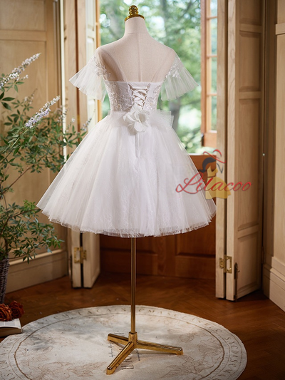 White Tulle Lace Appliques Short Sleeve Homecoming Dress