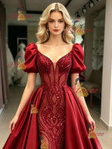 Red Sequins Satin Puff Sleeve Prom Dress
