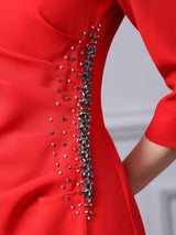 Red 3/4 Sleeve Scoop Neck Beading Mother Of The Bride Dress