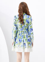 V-neck Lantern Sleeve Wavy Mini Retro Print Dress