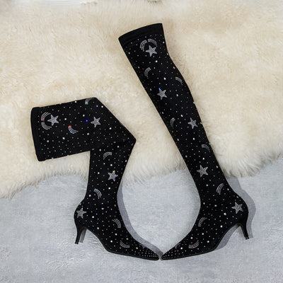 High Heel Pointed Suede Rhinestone Boots