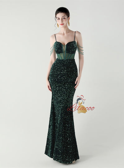 Mermadi Sequins Spaghetti Straps Beading Prom Dress