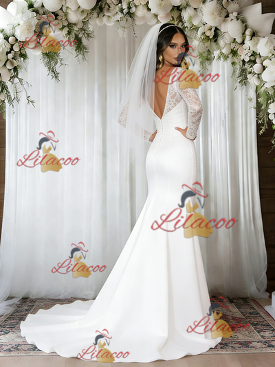 White Mermaid V-neck Long Sleeve Wedding Dress