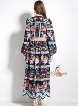 Retro Printed V-neck Button Dress