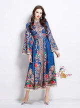 National Style Pattern Stand-up Collar Section Dress