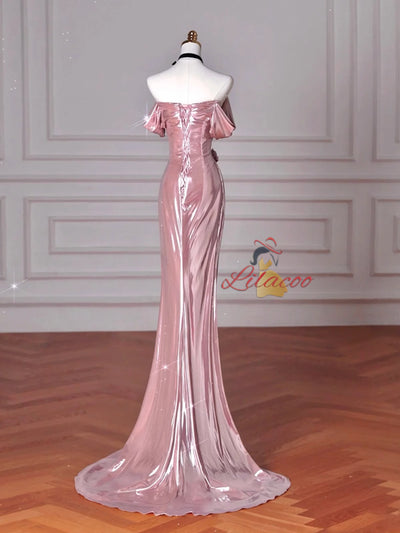 Pink Mermaid Pleats Off the Shoulder Prom Dress