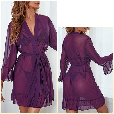 Mesh Perspective Ruffled Nightgown Pajamas