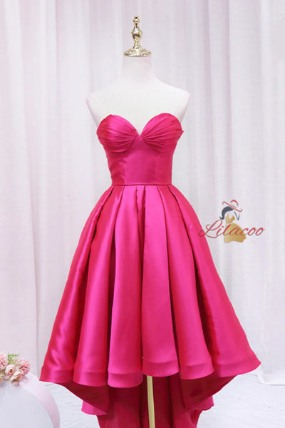 Hot Pink Hi Lo Satin Strapless Pleats Prom Dress