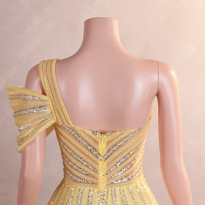 Yellow Tulle One Shoulder Beading Sequins Prom Dress