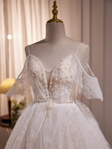 White Tulle Spaghetti Straps Sequins Wedding Dress