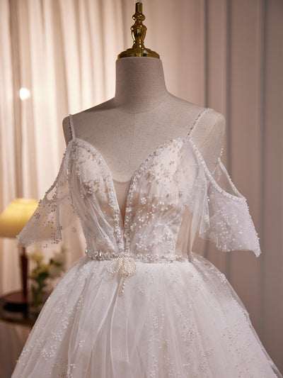 White Tulle Spaghetti Straps Sequins Wedding Dress
