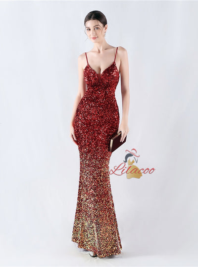 Spaghetti Straps Mermaid Sequins Prom Dress