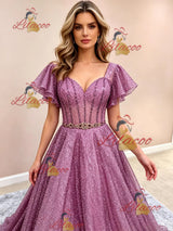 A-Line Purple Sequins Straps Prom Dress