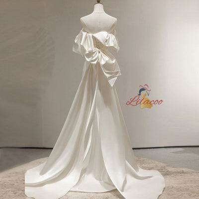 White Satin Strapless Bow Wedding Dress
