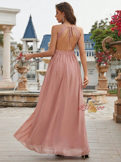 Pink Chiffon Halter Pleats Prom Dress