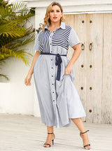Lapel Striped Short Sleeve Strappy Shirt Dress