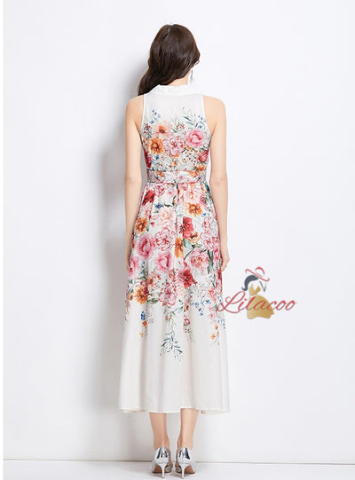 Sleeveless Silm Waist Button Printed Dress