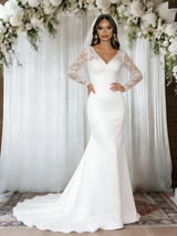 White Mermaid V-neck Long Sleeve Wedding Dress