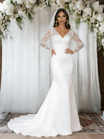 White Mermaid V-neck Long Sleeve Wedding Dress