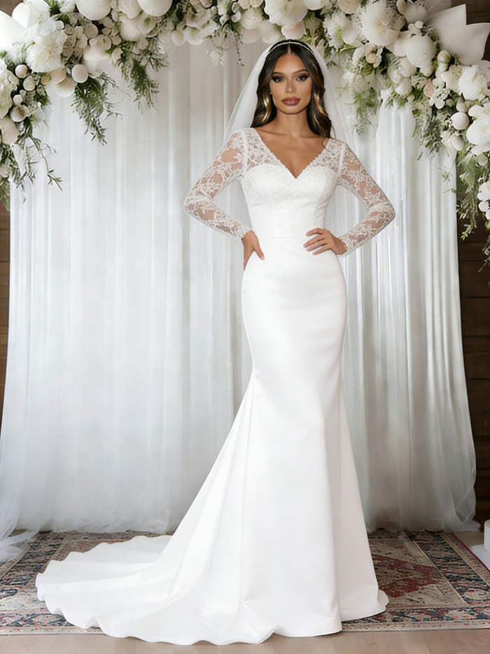 White Mermaid V-neck Long Sleeve Wedding Dress